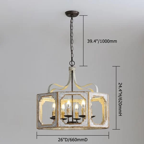 Lustre lanterne rustique à 8 lumières en métal et bois en gris antique et or