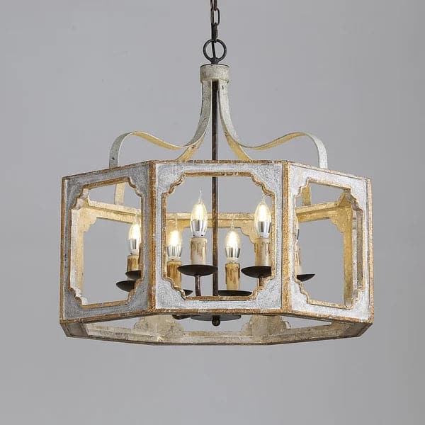 Rustic 8-Light Lantern Chandelier Metal and Wood in Antique Gray & Gold