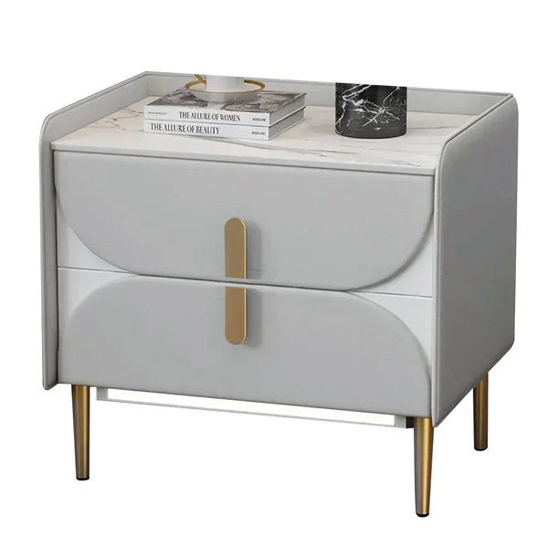 Luxury Gray Nightstand Sintered Stone Top Microfiber Leather Upholstery with LED Light#Gray