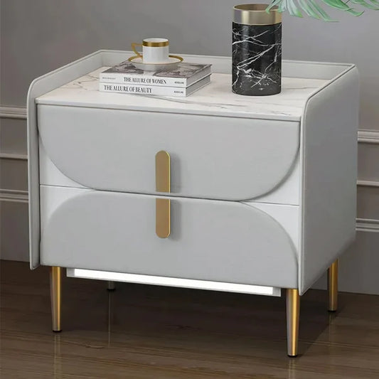 Luxury Gray Nightstand Sintered Stone Top Microfiber Leather Upholstery with LED Light#Gray