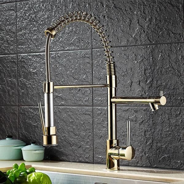 Luxury Pull Out Sprayer Kitchen Faucet Single Hole Double Spout Solid Brass