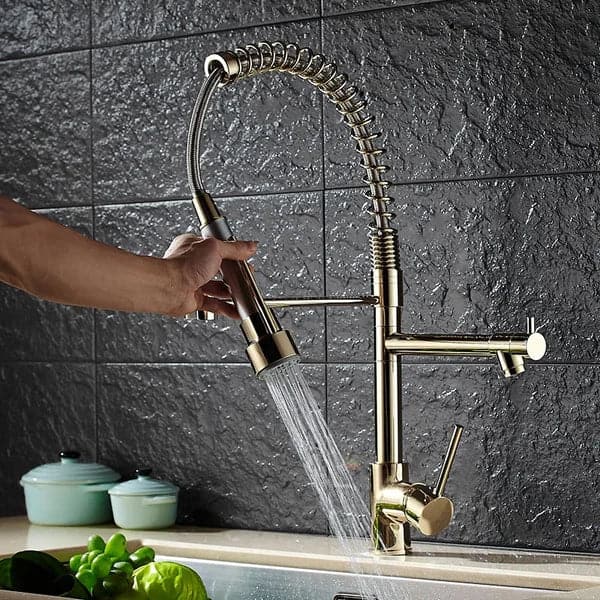 Luxury Pull Out Sprayer Kitchen Faucet Single Hole Double Spout Solid Brass