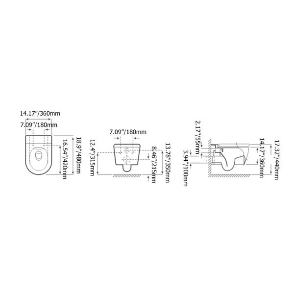 Luxury Round Wall-Mount Toilet Rimless Flushing Ceramic