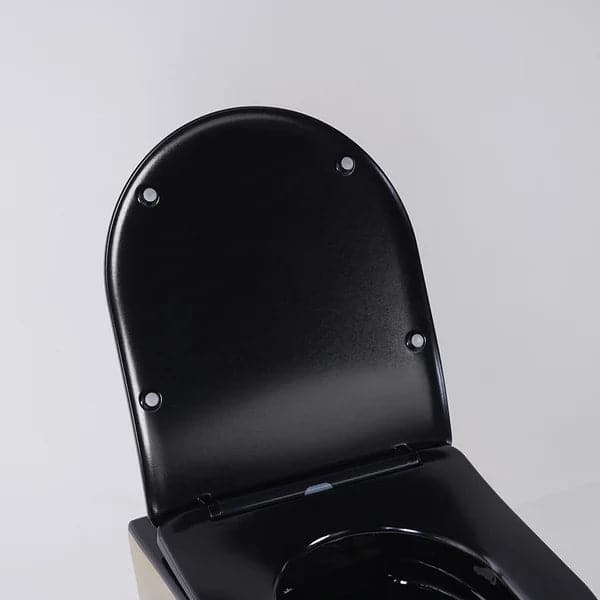 Luxury Round Wall-Mount Toilet Rimless Flushing Ceramic in Black & Gold Rim