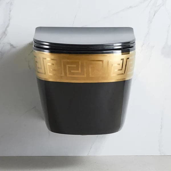 Luxury Round Wall-Mount Toilet Rimless Flushing Ceramic in Black & Gold Rim