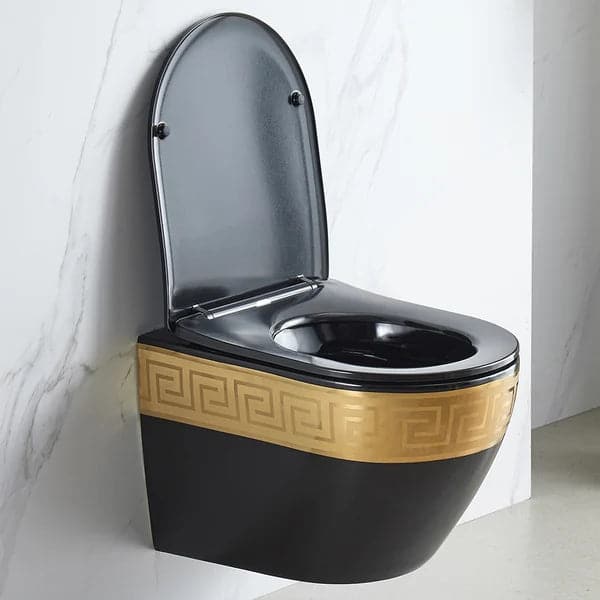 Luxury Round Wall-Mount Toilet Rimless Flushing Ceramic in Black & Gold Rim