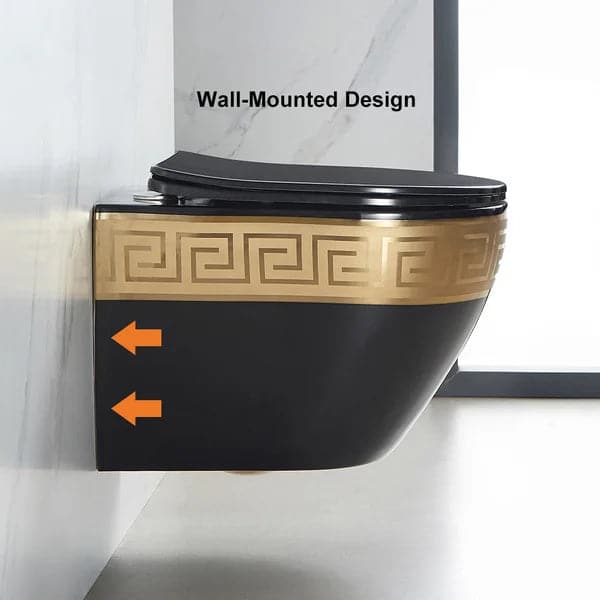 Luxury Round Wall-Mount Toilet Rimless Flushing Ceramic in Black & Gold Rim