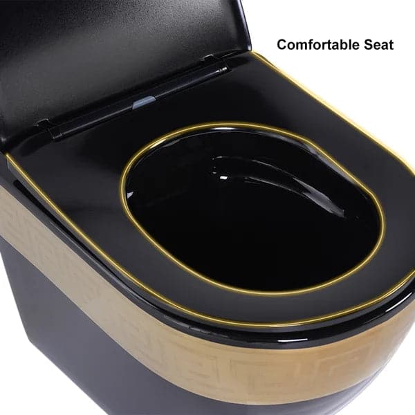 Luxury Round Wall-Mount Toilet Rimless Flushing Ceramic in Black & Gold Rim