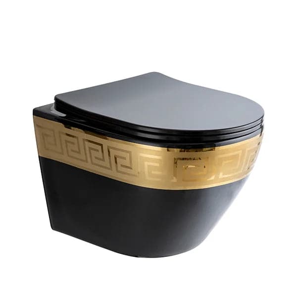 Luxury Round Wall-Mount Toilet Rimless Flushing Ceramic in Black & Gold Rim