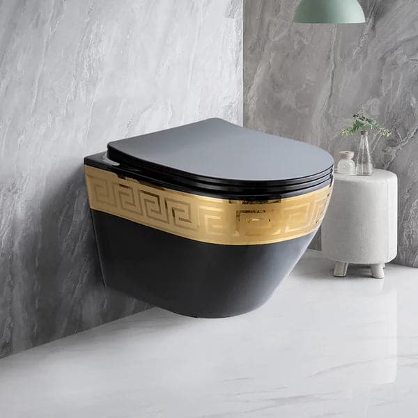 Luxury Round Wall-Mount Toilet Rimless Flushing Ceramic in Black & Gold Rim