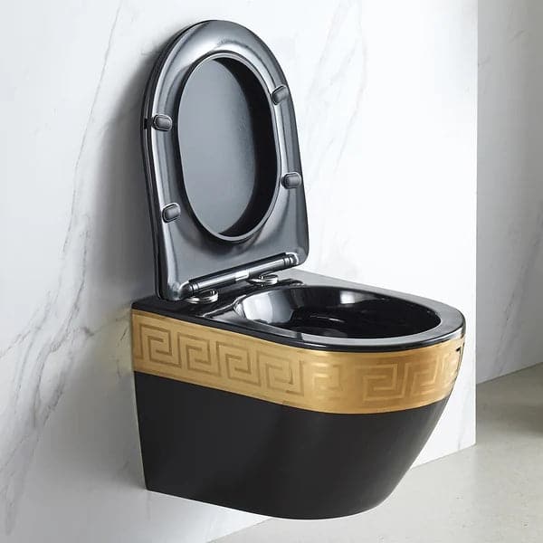 Luxury Round Wall-Mount Toilet Rimless Flushing Ceramic in Black & Gold Rim