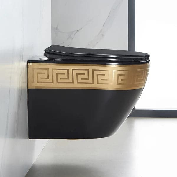 Luxury Round Wall-Mount Toilet Rimless Flushing Ceramic in Black & Gold Rim