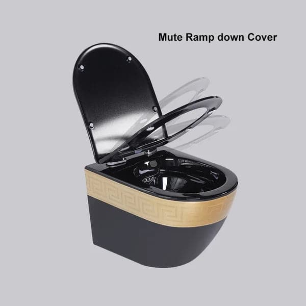 Luxury Round Wall-Mount Toilet Rimless Flushing Ceramic in Black & Gold Rim