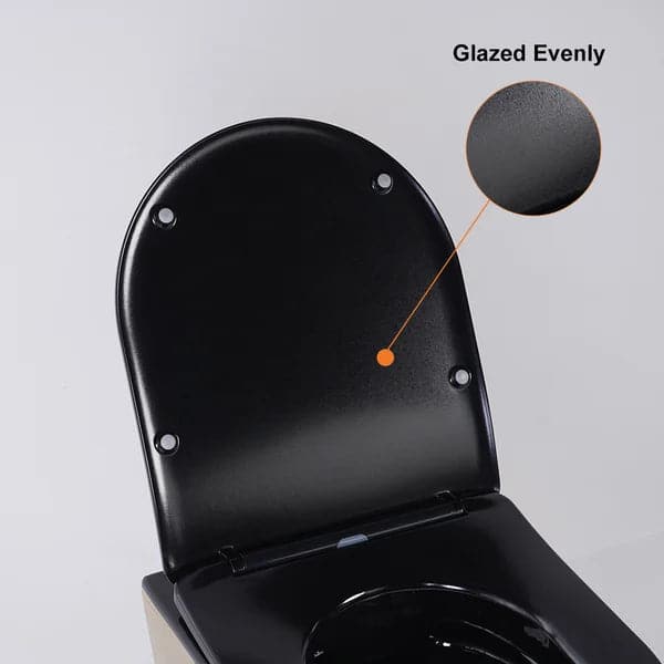 Luxury Round Wall-Mount Toilet Rimless Flushing Ceramic in Black & Gold Rim