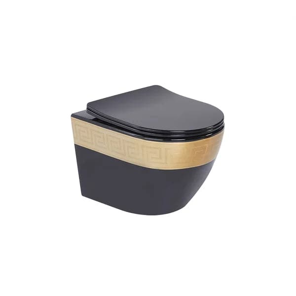 Luxury Round Wall-Mount Toilet Rimless Flushing Ceramic in Black & Gold Rim