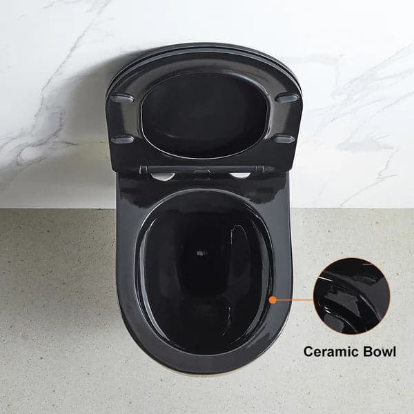 Luxury Round Wall-Mount Toilet Rimless Flushing Ceramic in Black & Gold Rim