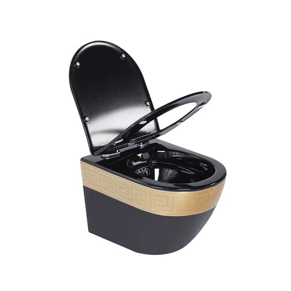 Luxury Round Wall-Mount Toilet Rimless Flushing Ceramic in Black & Gold Rim