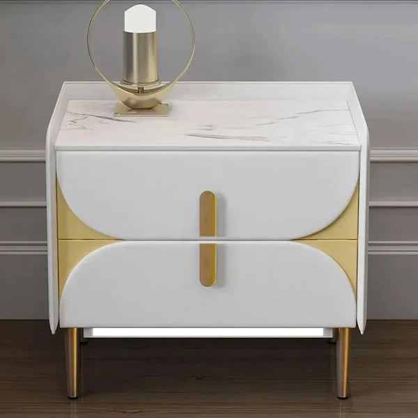 Luxury Gray Nightstand Sintered Stone Top Microfiber Leather Upholstery with LED Light#White