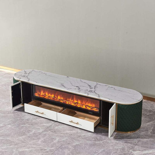 Nouveau meuble TV avec cheminée intégrée, respectueux de l'environnement, avec dessus en marbre, meuble TV en bois mdf, moderne