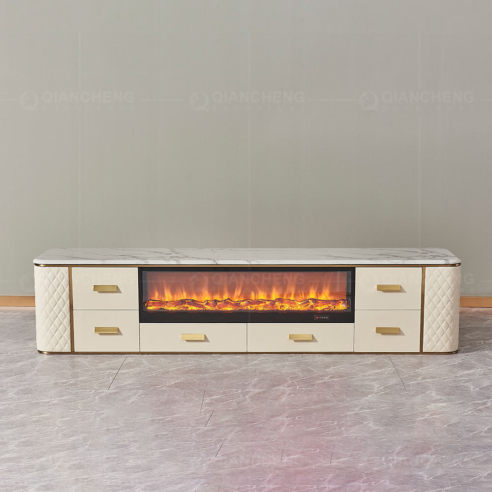 Meuble TV avec cheminée électrique moderne, design élégant avec tiroirs pratiques