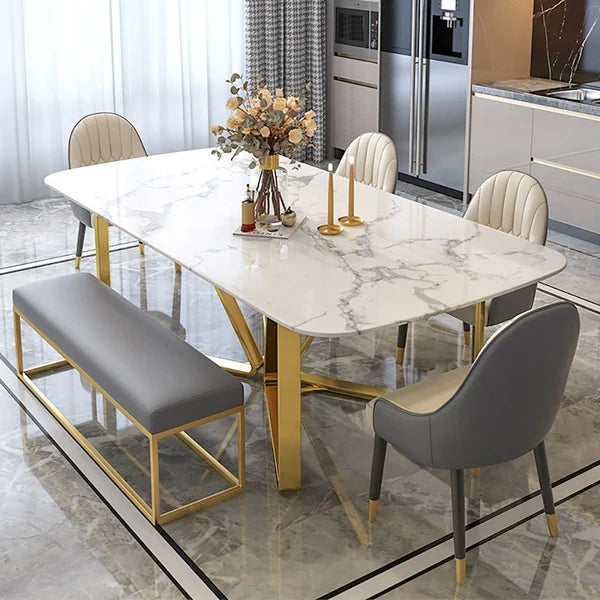 Rectangle moderne 63" acier inoxydable de base d'or de table de salle à manger de faux marbre
