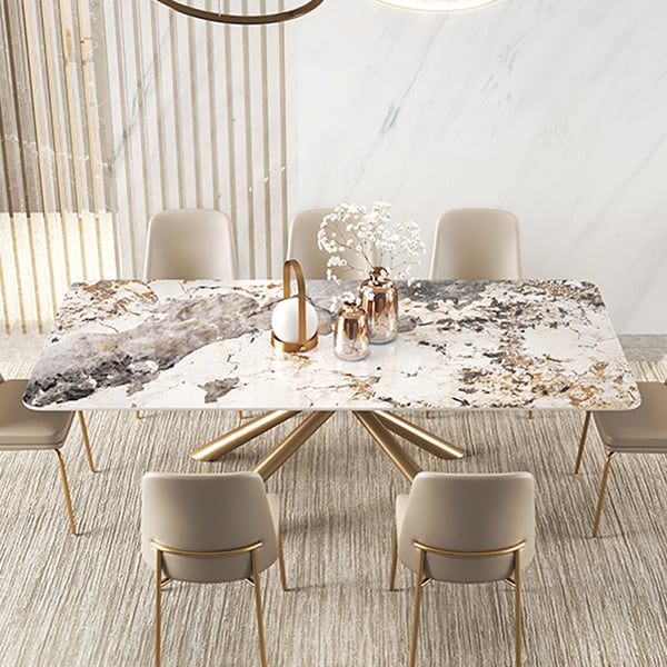 Table de salle à manger rectangulaire moderne de 71 po avec plateau en pierre frittée et tréteau en acier inoxydable