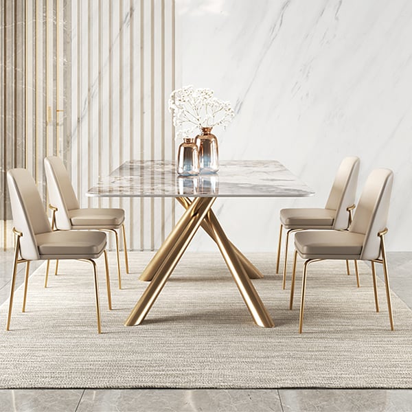 Table de salle à manger rectangulaire moderne de 71 po avec plateau en pierre frittée et tréteau en acier inoxydable