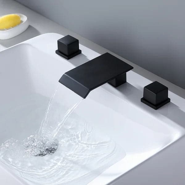 Matte Black Waterfall Widespread Bathroom Sink Faucet Square Double Handle