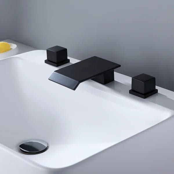 Matte Black Waterfall Widespread Bathroom Sink Faucet Square Double Handle