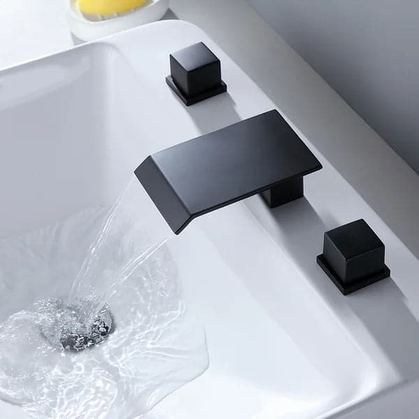 Matte Black Waterfall Widespread Bathroom Sink Faucet Square Double Handle