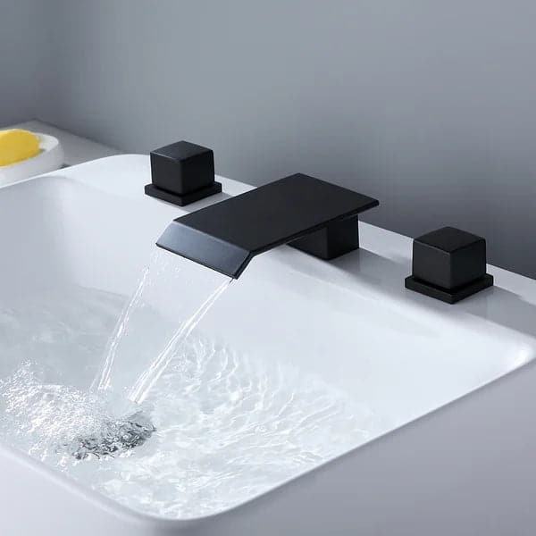 Matte Black Waterfall Widespread Bathroom Sink Faucet Square Double Handle