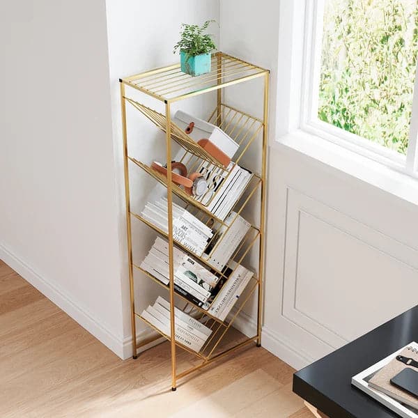 Mid-Century Rectangular Bookshelf Metal Gold Bookcase with Shelves