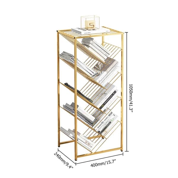 Mid-Century Rectangular Bookshelf Metal Gold Bookcase with Shelves