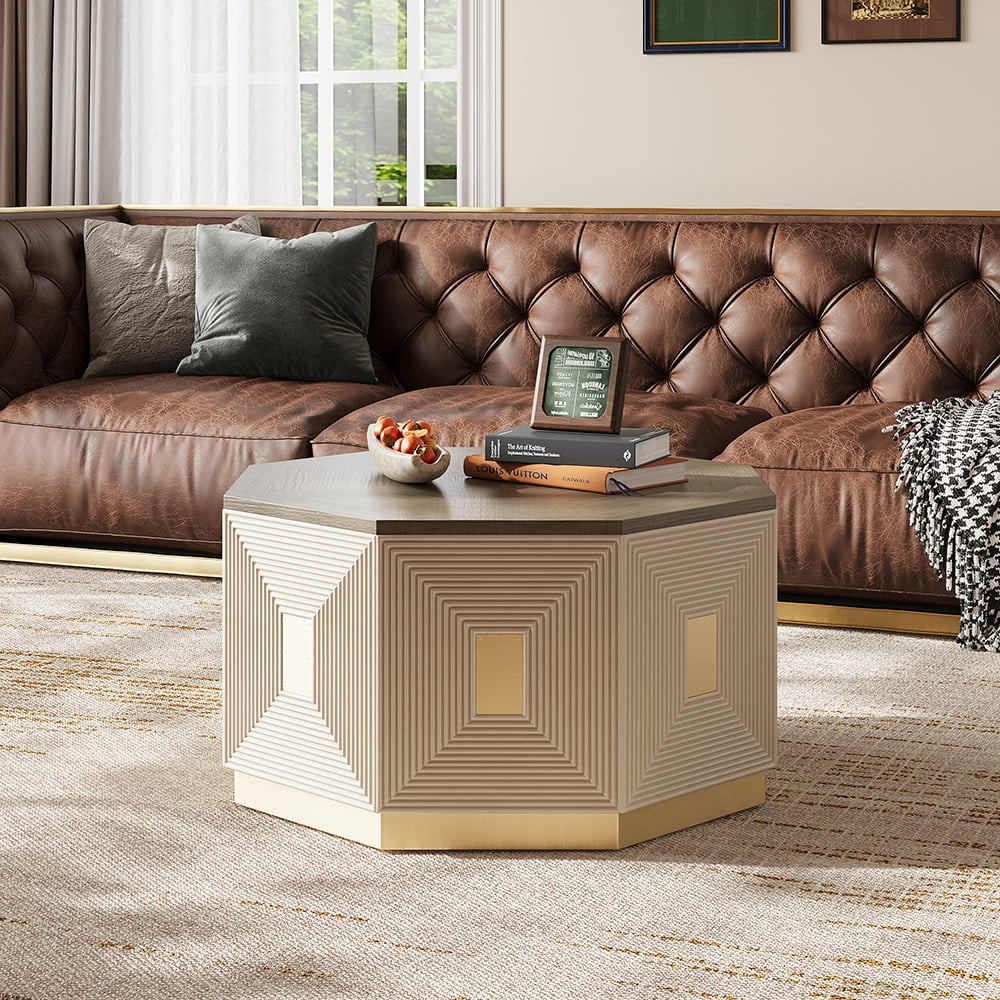 Mid Century Modern Block Coffee Table in Light Gray & Champagne with Octagonal Tabletop