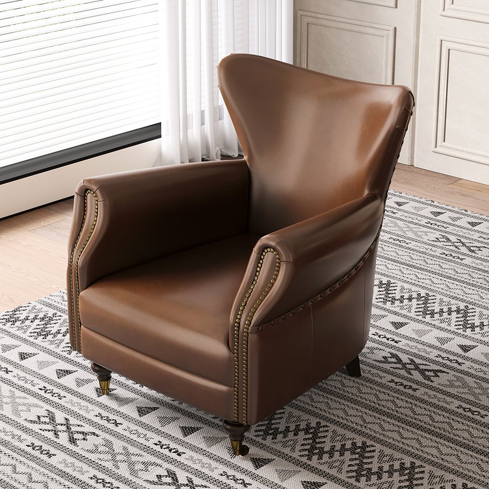 Midcentury Modern Brown Accent Chair Upholstered in Waxy Leather Solid Wood Frame