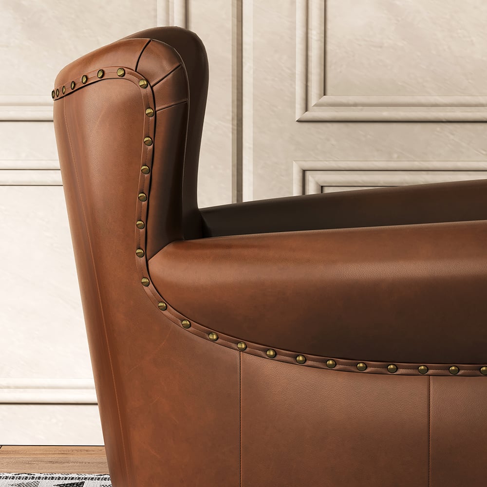 Midcentury Modern Brown Accent Chair Upholstered in Waxy Leather Solid Wood Frame