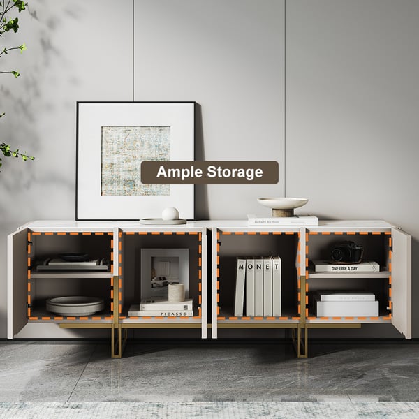 Minimalist 59.1 Inches Off White Small TV Stand Stone Top Media Console 4 Doors 6 Shelves