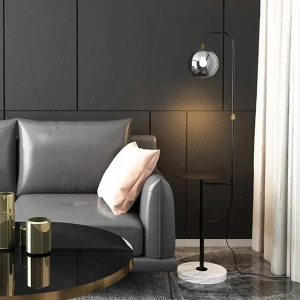 Minimalist Tray Table Floor Lamp Black Standing Lamp with Metal Base and Glass Shade