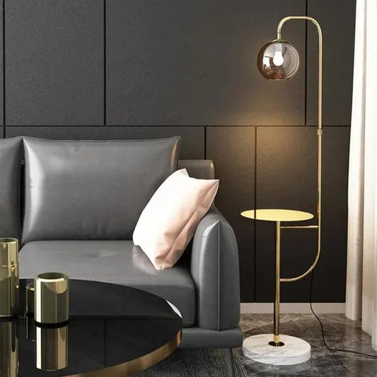 Minimalist Tray Table Floor Lamp Gold Standing Lamp with Metal Base and Glass Shade