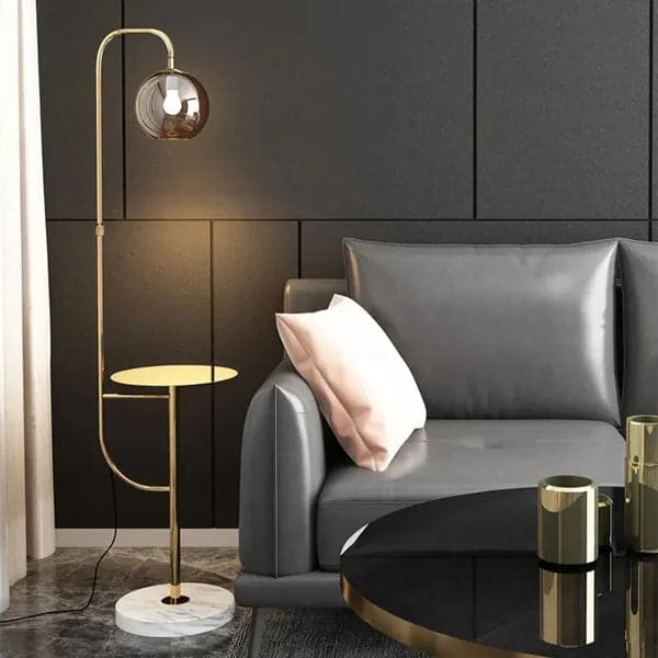 Minimalist Tray Table Floor Lamp Gold Standing Lamp with Metal Base and Glass Shade