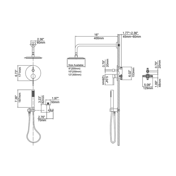 Modern 12" Wall Mounted Rain Shower System with Handheld Shower Set Solid Brass