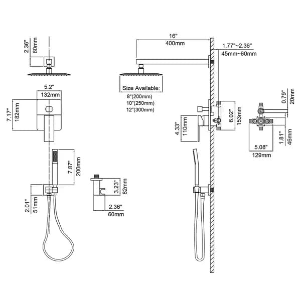 Modern 12 Inches Wall Mounted Shower System with Handheld Shower Pressure Balance Valve