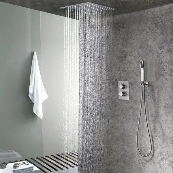 Robinet de douche thermostatique moderne de 16 po, système de douche en nickel brossé avec douchette à main