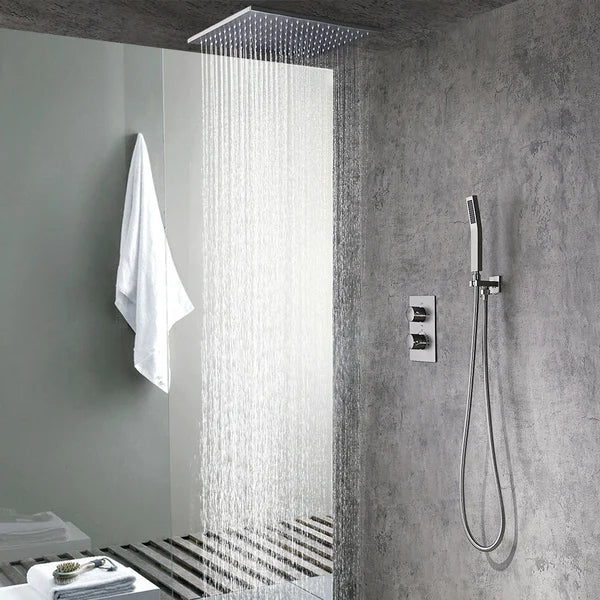 Robinet de douche thermostatique moderne de 16 po, système de douche en nickel brossé avec douchette à main