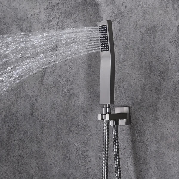 Robinet de douche thermostatique moderne de 16 po, système de douche en nickel brossé avec douchette à main