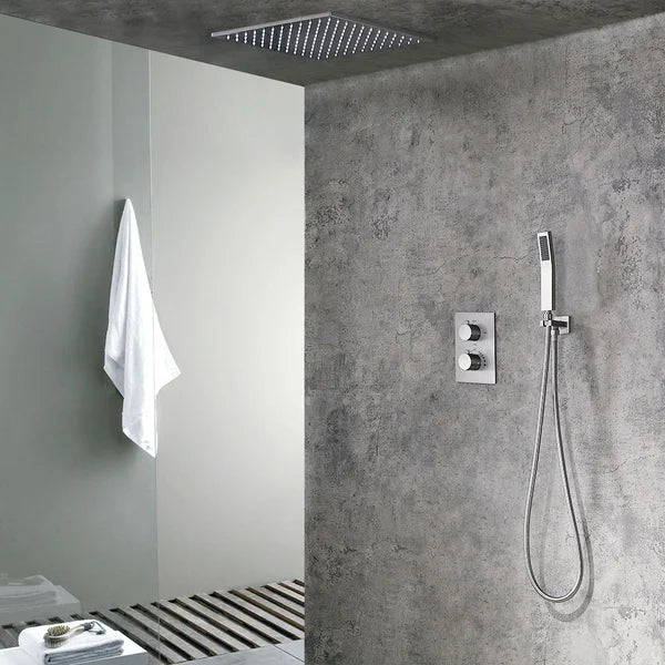 Robinet de douche thermostatique moderne de 16 po, système de douche en nickel brossé avec douchette à main