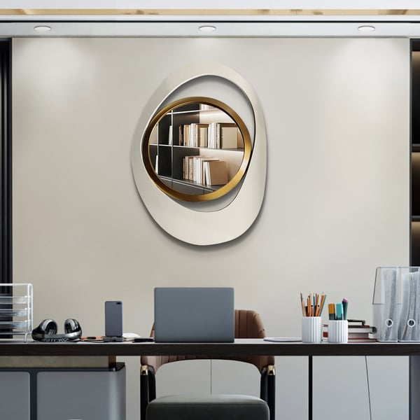 Modern 23.6" Large White & Gold Abstract Geometry Wall Mirror Decor Living Room Bedroom