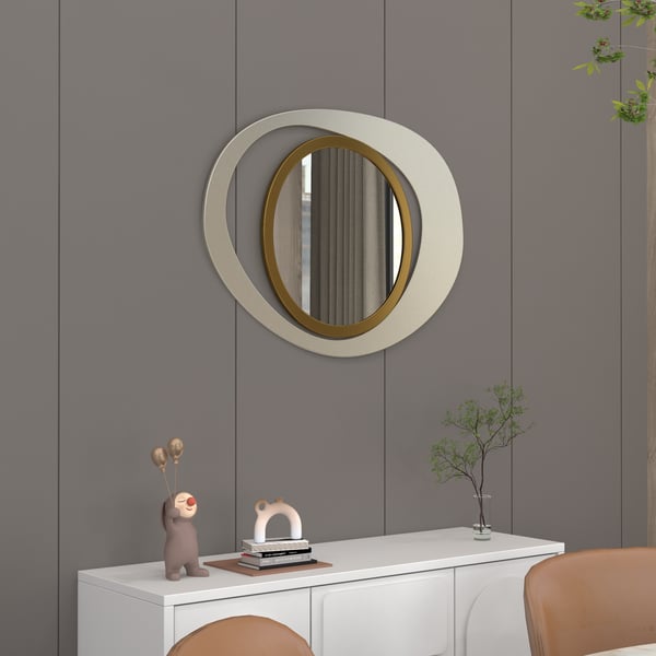 Modern 23.6" Large White & Gold Abstract Geometry Wall Mirror Decor Living Room Bedroom