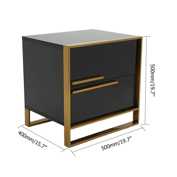 Modern 2 Drawers Black Lacquer Nightstand Square Bedside Table in Gold Left