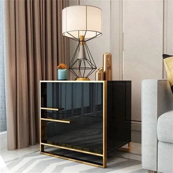 Modern 2 Drawers Black Lacquer Nightstand Square Bedside Table in Gold Left